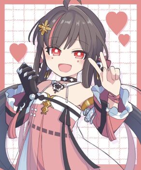 1400kr 1girl :d ahoge black_choker blush border brown_hair choker commentary_request detached_sleeves dress frilled_sleeves frills grid_background hair_ornament hands_up heart highres inset_border layered_dress long_hair long_sleeves looking_at_viewer mechanical_arms multicolored_hair official_alternate_costume open_mouth pink_dress pulao:_dragontoll_(dreamweaver)_(pgr) pulao_(pgr) punishing:_gray_raven red_border red_eyes red_streaks see-through_clothes see-through_dress single_mechanical_arm sleeveless sleeveless_dress smile solo streaked_hair tassel twintails upper_body