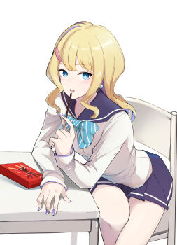 1girl absurdres accessories bare_legs blonde_hair blue_eyes blue_skirt blush bow bowtie box cardigan chair earrings eating fingernails food grey_cardigan gyaru hair_between_eyes hair_ornament highres imminent_bite jewelry long_bangs medium_hair miniskirt multicolored_hair nail_polish on_chair open_mouth pearl_earrings pleated_skirt pocky school_uniform shadowverse shadowverse_flame simple_background sitting skirt solo solo_focus swept_bangs table takanashi_tsubasa_(shadowverse_flame) white_background wing_collar wrinkled_fabric yuuge_ningen