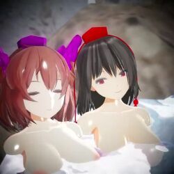 2girls 3d animated black_hair breast_lift breasts brown_eyes brown_hair hat himekaidou_hatate jiggle large_breasts looking_at_viewer matching_hair/eyes mofumoko5 multiple_girls navel nipples nude onsen partially_submerged presenting purple_headwear red_eyes red_headwear rock shameimaru_aya short_hair smile toned touhou twintails video water