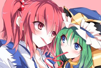 2girls blue_eyes blush couple crown eye_contact green_hair ichimura_kanata looking_at_another multiple_girls onozuka_komachi red_eyes red_hair shared_straw shiki_eiki smile touhou two_side_up yuri