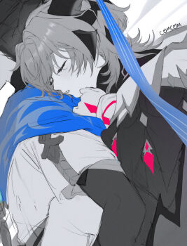 Rule 34 | 2boys, arm at side, artist name, behind another, blue cape, bodysuit, cape, capelet, carrying, closed eyes, coat, collar, comcom (comcomhey), dragon boy, dragon horns, eyelashes, facing another, genshin impact, gloves, grey trim, hair intakes, hand on another's back, head on another's back, highres, horns, japanese clothes, kimono, layered sleeves, long sleeves, mini durin (genshin impact), mini durin (human) (genshin impact), multiple boys, open mouth, piggyback, rope, scaramouche (genshin impact), short sleeves, sleeping, sleeping on person, spot color, wanderer (genshin impact)