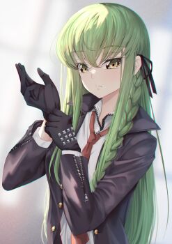 1girl absurdres black_gloves black_jacket black_ribbon braid budgiepon buttons c.c. closed_mouth code_geass commentary cosplay danganronpa:_trigger_happy_havoc danganronpa_(series) expressionless eyelashes eyes_visible_through_hair frown glint gloves green_hair grey_background hair_between_eyes hair_ribbon hands_up highres jacket kirigiri_kyoko kirigiri_kyoko_(cosplay) light_blush long_hair long_sleeves looking_at_viewer necktie open_clothes open_jacket own_hands_together red_necktie ribbon shirt sidelighting simple_background single_braid solo straight_hair upper_body very_long_hair white_shirt yellow_eyes zipper