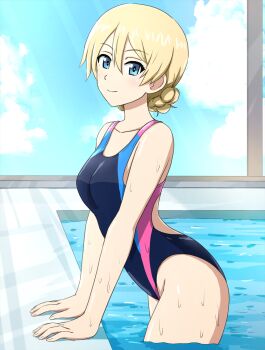 Rule 34 | 1girl, black one-piece swimsuit, blonde hair, blue eyes, breasts, competition swimsuit, darjeeling (girls und panzer), girls und panzer, highres, looking at viewer, medium breasts, multicolored swimsuit, nape braid, omachi (slabco), one-piece swimsuit, pool, short hair, smile, solo, swimsuit, wading