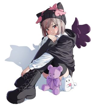 1girl absurdres animal_ear_headwear animal_ears beanie belt black_boots black_cloak black_hat black_thighhighs blush bone boots bow buckle cheek_press cloak closed_mouth collared_shirt cross fake_animal_ears fake_wings fang from_above full_body grey_hair hand_up hashtag-only_commentary hat hat_bow head_on_arm head_tilt heart heart-shaped_buckle highres holding holding_heart holding_legs hood hood_down hooded_cloak knees_up lace-up_boots long_sleeves looking_at_viewer looking_to_the_side looking_up maro_(neneko_mashiro) multicolored_hair neneko_mashiro pink_belt pink_bow purple_bow purple_wings red_eyes red_hair shadow shirt short_hair sidelocks sideways_glance simple_background single_wing sitting skin_fang solo stellive streaked_hair stuffed_animal stuffed_toy swept_bangs teddy_bear thick_eyelashes thighhighs turning_head unongkong virtual_youtuber white_background white_shirt wing_hat_ornament wings