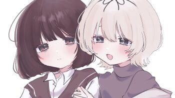 Rule 34 | 2girls, babumi roriko, bags under eyes, brown eyes, brown hair, grey eyes, hair ribbon, hanamura hinako, hashtag-only commentary, highres, kitanai kimi ga ichiban kawaii, multiple girls, ribbon, sezaki airi, short hair, simple background, smile, upper body, white background, white hair