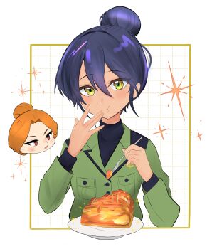 2girls absurdres apple_pie black_hair cheekbones commentary_request cropped_torso dark-skinned_female dark_skin eating food fork gundam gundam_gquuuuuux hair_bun hand_up highres holding holding_fork jacket kycilia_zabi long_sleeves multiple_girls nyaan_(gundam_gquuuuuux) orange_hair pie pie_slice plate red_eyes single_hair_bun smile turtleneck xcua4574 yellow_eyes