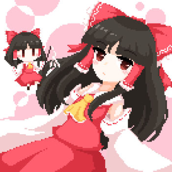 1girl ascot bow brown_eyes brown_hair commentary_request detached_sleeves frilled_bow frilled_hair_tubes frills gohei gozen_0416 hair_bow hair_tubes hakurei_reimu highres holding holding_gohei long_hair pixel_art red_bow red_skirt ribbon-trimmed_sleeves ribbon_trim skirt skirt_set solo touhou yellow_ascot