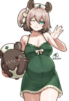 1girl ;) animal_ears bare_arms bare_shoulders breasts brown_hair cleavage cowboy_shot dress frilled_nightgown green_dress green_eyes green_nightgown hair_between_eyes hat highres holding holding_stuffed_toy indie_virtual_youtuber large_breasts looking_at_viewer medium_hair nightgown nimi_nightmare nurse_cap one_eye_closed one_side_up pregnant rotomdocs simple_background smile solo stuffed_animal stuffed_toy tapir tapir_ears tapir_girl virtual_youtuber waving white_background
