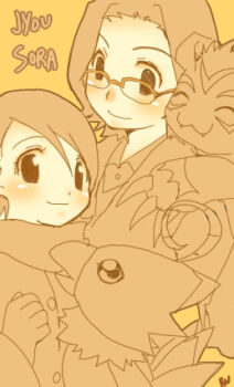 Rule 34 | 00s, 1boy, 1girl, blush, couple, digimon, digimon (creature), digimon adventure 02, glasses, gloves, gomamon, hetero, jacket, kido jo, kurot, lowres, piyomon, scarf, short hair, takenouchi sora