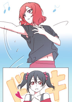 Rule 34 | 2girls, absurdres, asymmetrical sidelocks, black hair, black shirt, blush, bow, commentary request, dancing, hand on own chest, hand up, heart, highres, inazuma (elect line), love live!, love live! school idol project, medium hair, midriff peek, motion lines, multiple girls, musical note, navel, nishikino maki, off-shoulder shirt, off shoulder, outstretched arm, outstretched hand, pink bow, pink eyes, purple eyes, red hair, red shirt, shirt, short sleeves, short twintails, sidelocks, sweat, twintails, upper body, yazawa nico, yuri