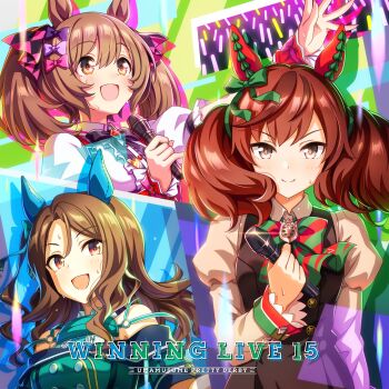 3girls absurdres animal_ears black_dress brown_hair buttons commentary_request cover cover_page dress ear_covers glowstick gradient_eyes highres holding holding_glowstick holding_microphone horse_ears juliet_sleeves king_halo_(king_of_emeralds)_(umamusume) king_halo_(umamusume) long_sleeves looking_at_viewer microphone multicolored_eyes multiple_girls nice_nature_(poinsettia_ribbon)_(umamusume) nice_nature_(umamusume) off_shoulder official_art open_mouth puffy_long_sleeves puffy_short_sleeves puffy_sleeves red_eyes shirt short_sleeves smart_falcon_(love_4ever)_(umamusume) smart_falcon_(umamusume) smile sweat two_side_up umamusume white_shirt