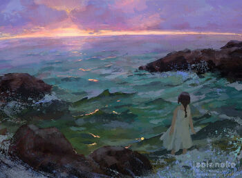 1girl arms_at_sides artist_name black_hair commentary dress english_commentary evening facing_away from_behind full_body horizon long_hair ocean original scenery shore sky sleeveless sleeveless_dress solanoko solo wading waves white_dress