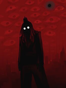 Rule 34 | 1other, black sun, cityscape, colehairlesscat, cowboy shot, crown, dreadlocks, glowing, glowing eyes, highres, long hair, multicolored eyes, original, red background, starry skin, sun, two-tone eyes