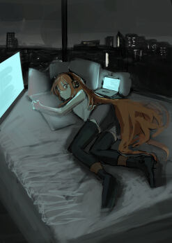 1girl a.i._voice adachi_rei adapted_costume bad_id bad_pixiv_id black_thighhighs closed_mouth computer expressionless full_body glass_wall grey_shorts headphones highres hugging_object indoors laptop long_hair looking_at_viewer lying monitor night no_shoes official_alternate_hair_length official_alternate_hairstyle on_bed on_side orange_eyes orange_hair pillow pillow_hug shirt shorts skyline sleeveless sleeveless_shirt solo sqq thighhighs utau very_long_hair white_shirt