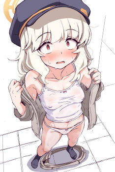 1girl absurdres aoba_(blue_archive) blue_archive blue_hat blue_socks blush bow bow_panties breasts camisole clothes_on_floor collarbone commentary_request constricted_pupils covered_erect_nipples embarrassed foreshortening from_above grey_shirt grey_skirt halo hat highres kaminokoppu_(footworks) long_hair looking_at_viewer looking_up navel newsboy_cap nose_blush off_shoulder open_clothes open_mouth open_shirt panties red_eyes shirt skirt small_breasts socks solo standing sweat underwear undressing unworn_skirt white_camisole white_hair white_panties yellow_halo