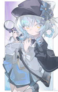 1girl absurdres black_bow black_capelet black_hat black_shoes blue_background blue_hair blue_skirt border bow braid braided_hair_rings capelet closed_mouth collared_shirt deerstalker grey_vest hair_rings hands_up hat highres holding holding_magnifying_glass long_sleeves looking_at_viewer magnifying_glass mahou_shoujo_no_majo_saiban outside_border pleated_skirt shirt shoes short_hair skirt solo standing standing_on_one_leg tachibana_sherry vest white_border white_shirt xinrouyu yellow_eyes