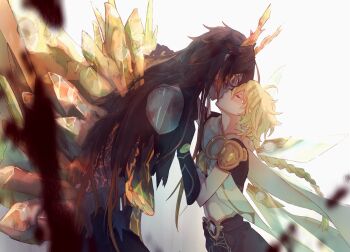 1boy 2boys aether_(genshin_impact) ahoge black_gloves black_hair blonde_hair braid braided_ponytail cape closed_eyes commentary_request crystal genshin_impact gloves highres hinata0313 horns kiss long_hair male_focus midriff multiple_boys partial_commentary white_cape yaoi zhongli_(archon)_(genshin_impact) zhongli_(genshin_impact)