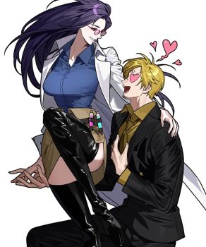 1boy 1girl black_hair black_suit blonde_hair boots collared_shirt curly_eyebrows facial_hair formal_clothes ggwasu glasses hair_over_one_eye heart heart-shaped_pupils heart_in_eye highres holding_hands lab_coat long_hair mustache_stubble necktie one_piece round_eyewear sanji_(one_piece) shirt shirt_tucked_in stubble suit symbol-shaped_pupils symbol_in_eye thigh_boots yellow_necktie yellow_shirt