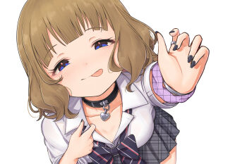 1girl :p black_bow black_bowtie black_choker black_nails blue_eyes blunt_bangs blush bow bowtie breasts brown_hair choker cleavage closed_mouth collar collarbone concept_gyarus_(idolmaster) cowboy_shot diagonal-striped_bow diagonal-striped_bowtie diagonal-striped_clothes dot_nose dutch_angle eyelashes grey_skirt half-closed_eyes heart heart_choker idolmaster idolmaster_million_live! idolmaster_million_live!_theater_days kodoneri_(user_quk1118) looking_at_viewer loose_bowtie medium_breasts official_alternate_costume open_collar pleated_skirt purple_scrunchie reaching reaching_towards_viewer school_uniform scrunchie seductive_smile shirt short_hair sidelocks silver_bangle silver_ring simple_background skirt sleeves_rolled_up smile solo striped_bow striped_bowtie striped_clothes suou_momoko tongue tongue_out wavy_hair white_background white_collar white_shirt