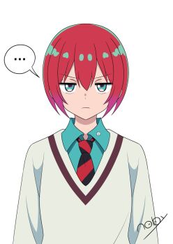 ... 1girl amate_yuzuriha annoyed aqua_eyes aqua_shirt artist_name closed_mouth commentary_request gundam gundam_gquuuuuux long_sleeves looking_at_viewer necktie red_hair shirt short_hair signature simple_background solo speech_bubble spoken_ellipsis sweater tanikan0120 two-tone_necktie upper_body white_background
