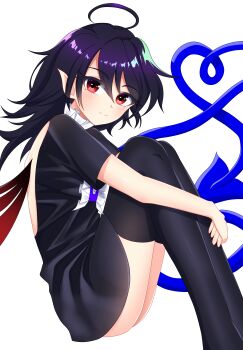 1girl absurdres ahoge asymmetrical_wings back_cutout black_dress black_hair black_thighhighs blue_wings cipher_(user_watm8555) closed_mouth clothing_cutout dress highres houjuu_nue hugging_own_legs medium_hair pointy_ears red_eyes red_wings smile solo thighhighs touhou wings zettai_ryouiki
