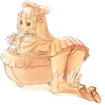 1girl ass bent_over blunt_bangs boots bow cape commentary_request creator_(ragnarok_online) dress expressionless full_body fur-trimmed_boots fur_trim hair_bow hime_cut long_hair looking_at_viewer looking_back monochrome namanie open_mouth panties pink_theme pleated_dress pullcart ragnarok_online short_dress simple_background solo underwear