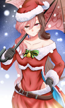 brown_hair christmas female_focus hat multicolored_hair neopolitan_(rwby) off_shoulder pink_hair rwby santa_costume santa_hat split-color_hair umbrella