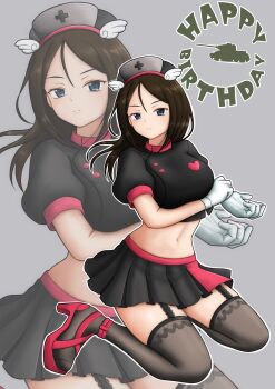 1girl absurdres adjusting_clothes adjusting_gloves alternate_costume amanone_yun birthday black_hair black_shirt black_skirt black_thighhighs blue_eyes closed_mouth commentary cropped_jacket english_text frown garter_straps girls_und_panzer gloves grey_background grey_hat happy_birthday hat high_heels highres kneeling long_hair looking_at_viewer midriff miniskirt navel nonna_(girls_und_panzer) nurse_cap outline pleated_skirt puffy_short_sleeves puffy_sleeves red_shoes shirt shoes short_sleeves skirt solo swept_bangs thighhighs white_gloves white_outline zoom_layer