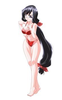 1girl :t angry anime_coloring barefoot black_hair bra breasts cleavage closed_mouth collarbone full_body game_asset glasses hair_ribbon hand_on_own_hip highres index_finger_raised large_breasts large_variant_set leaning_forward lingerie lips long_hair low_ponytail machimura_sakuya mahotama maki_daikichi navel official_art panties ponytail purple_eyes red_bra red_panties red_ribbon ribbon simple_background solo standing tachi-e tareme third-party_source transparent_background underwear underwear_only v-shaped_eyebrows variant_set very_long_hair