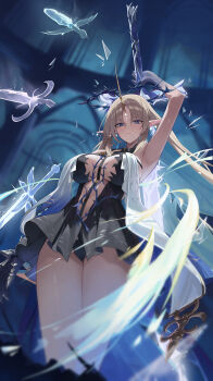 1girl absurdres arm_up armpit_crease black_collar black_dress blonde_hair blue_eyes blurry blurry_background blurry_foreground breast_curtains breasts collar commentary crown crown_of_thorns dress earrings fleurdelys_(wuthering_waves) floating_crown floating_earrings from_below highres hikimori_1 holding holding_sword holding_weapon horns jewelry large_breasts long_horns multiple_swords pointy_ears single_horn solo sword tabard weapon white_tabard wuthering_waves