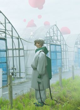 1girl commentary_request full_body grass greenhouse grey_eyes grey_hair hazmat_suit highres kanikumi_toi original outdoors short_hair solo standing