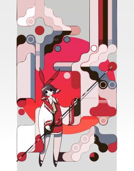 1girl abstract_background absurdres black_shoes bow brown_hair commentary_request full_body hair_bow hakurei_reimu harano_kaguyama highres holding holding_stick long_sleeves looking_at_viewer miniskirt red_bow red_shirt red_skirt ribbon-trimmed_sleeves ribbon_trim shirt shoes skirt solo standing stick textless_version touhou white_sleeves wide_sleeves