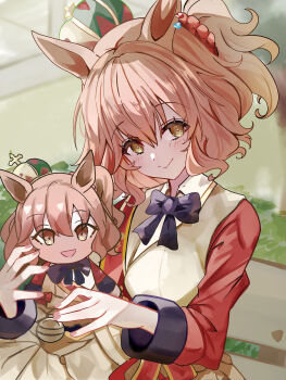 1girl absurdres animal_ears aston_machan_(flare)_(umamusume) aston_machan_(umamusume) bimmy black_bow black_bowtie blush bow bowtie breasts brown_eyes brown_hair character_doll closed_mouth crown doll ear_ornament hair_between_eyes hair_ornament hair_scrunchie highres holding holding_doll horse_ears horse_girl large_breasts long_sleeves looking_at_viewer medium_hair mini_crown red_sash red_scrunchie red_sleeves sash scrunchie shirt shoulder_sash sitting skirt smile solo stuffed_toy tilted_headwear umamusume white_shirt white_skirt