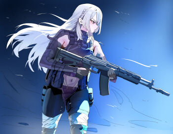 1girl absurdres ak-15 ak-15_(girls&#039;_frontline) assault_rifle black_background blue_background closed_mouth commentary covered_navel cowboy_shot floating_hair girls&#039;_frontline gradient_background gun highres holding holding_gun holding_weapon kalashnikov_rifle pants pouch purple_eyes rifle ruppu simple_background solo trigger_discipline two-tone_background weapon white_hair
