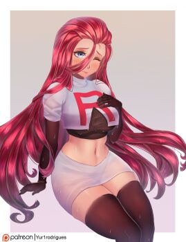 Rule 34 | 1girl, black gloves, black panties, blue eyes, blush, boots, border, closed mouth, crop top, elbow gloves, female focus, gloves, grey background, hair between eyes, hair slicked back, jessie (pokemon), lips, long hair, midriff, miniskirt, navel, nintendo, one eye closed, panties, pokemon, pokemon (anime), pokemon dp117, pokemon dppt (anime), red hair, see-through clothes, short sleeves, simple background, sitting, skirt, solo, thigh boots, thighhighs, thighs, underwear, wet, white border, yur1rodrigues