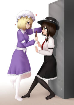 2girls black_pantyhose black_skirt blonde_hair bow breasts brown_eyes brown_hair collared_shirt commentary doge_(jkdoge) dress food food_in_mouth frilled_skirt frills hat hat_bow heart height_difference highres leg_up long_sleeves maribel_hearn medium_breasts medium_hair mob_cap mouth_hold multiple_girls necktie open_mouth pantyhose pocky pocky_in_mouth purple_dress purple_eyes red_necktie shirt simple_background skirt smile standing standing_on_one_leg sweatdrop symbol-only_commentary touhou usami_renko variant_set white_background white_bow white_hat white_pantyhose white_shirt yuri