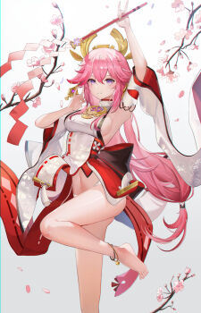 1girl animal_ears arm_up armpits back_bow barefoot bow breasts cherry_blossoms detached_sleeves double-parted_bangs falling_petals feet_out_of_frame fox_ears fox_shadow_puppet genshin_impact gohei gradient_background grey_background hair_between_eyes headpiece highres holding holding_gohei iino_(isnyong) japanese_clothes medium_breasts nontraditional_miko panties pelvic_curtain petals presenting_armpit red_skirt shirt sideboob sideless_outfit skirt sleeveless sleeveless_shirt solo underwear white_panties white_shirt wide_sleeves yae_miko