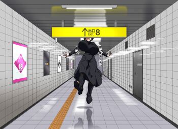 1girl absurdres black_hair black_skirt boots bouncing_breasts breasts bumping_head ceiling ceiling_light commentary commentary_request exit_sign fluorescent_lamp goumonsha hallway highres huge_breasts impossible_clothes impossible_sweater kurokirishima_yui_(goumonsha) long_skirt motion_blur motion_lines movie_poster_(object) original pantyhose poster_(object) short_hair sign skirt solo subway_station sweater tall_female the_exit_8 tile_ceiling tile_floor tile_wall tiles unaligned_breasts vent_(object)