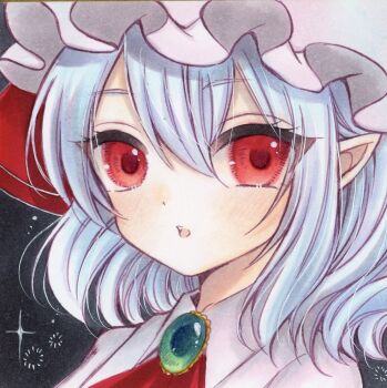 1girl ascot blue_hair blush brooch collared_shirt commentary_request hat jewelry looking_at_viewer marker_(medium) mob_cap open_mouth pink_hat pink_shirt pointy_ears portrait red_ascot red_eyes remilia_scarlet shirt solo touhou traditional_media yuuki_hana_(jtnp5334)