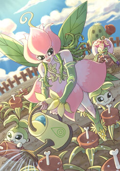 Rule 34 | 1girl, absurdres, blue sky, boots, cloud, detached sleeves, digimon, digimon (creature), dress, food, green boots, green hair, green sleeves, hair vines, highres, holding, holding watering can, kari (kbondoxxa), leaf, leaf wings, lilimon, long hair, meat, monster girl, open mouth, palmon, pink dress, sky, sleeveless, sleeveless dress, tanemon, togemon, watering can