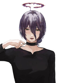 1girl absurdres arm_up black_shirt blush chainsaw_man choker commentary_request double-parted_bangs green_eyes grenade_pin hair_between_eyes half-closed_eyes halo highres long_sleeves looking_at_viewer parted_lips pulling purple_eyes red_halo reze_(chainsaw_man) shirt short_hair simple_background solo teeth updo upper_body upper_teeth_only ushi_yo white_background