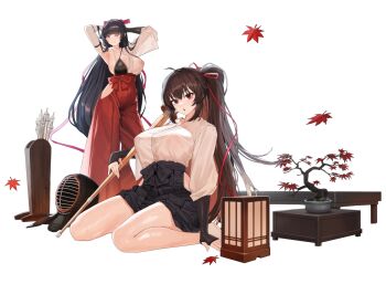 2girls :o absurdres arm_behind_head arrow_(projectile) asymmetrical_gloves black_gloves black_hair black_skirt bonsai breasts brown_hair chabudai closed_mouth clothing_cutout collarbone elbow_gloves falling_leaves fingerless_gloves full_body game_asset gloves hair_ribbon hakama hakama_pants hakama_skirt hand_on_ground high_ponytail highres hime_cut hip_vent holding holding_sword holding_weapon huge_breasts iris_yuma japanese_clothes kendo_mask kimono lantern last_origin leaf long_hair looking_at_viewer maple_leaf mask mismatched_gloves multiple_girls muneate non-web_source official_alternate_costume official_art one_eye_closed pants paper_lantern pink_ribbon pleated_skirt ponytail purple_eyes quiver red_eyes red_pants red_ribbon red_skirt ribbon shinai shirayuri_(last_origin) sideboob sidelocks simple_background single_sleeve sitting skindentation skirt smile soulworker sweat sword tabi table tachi-e transparent_background tunamayo_(dsasd751) unworn_mask v-shaped_eyebrows wariza weapon white_gloves white_kimono wide_sleeves wooden_table