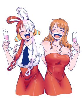 2girls arm_around_shoulder bare_shoulders black_ribbon blush breasts cleavage closed_eyes collarbone collared_shirt commentary_request cowboy_shot cropped_legs cup dress drinking_glass hair_over_one_eye hair_rings hand_on_another&#039;s_shoulder hand_up headphones highres holding holding_cup large_breasts long_hair medium_breasts multicolored_hair multiple_girls nami_(one_piece) neck_ribbon official_alternate_costume one_piece one_piece_film:_red open_mouth orange_hair red_dress red_hair red_skirt ribbon rnolmol shirt short_sleeves single_sidelock skirt smile strapless strapless_dress teeth two-tone_hair upper_teeth_only uta_(one_piece) wavy_hair white_background white_hair white_shirt