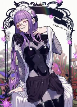 1girl agrippina_(monster_strike) asa_hir_yor breasts garter_straps half-closed_eyes highres long_hair maid_headdress medium_breasts monster_strike purple_eyes purple_hair round_eyewear skirt smile solo thighhighs thighs