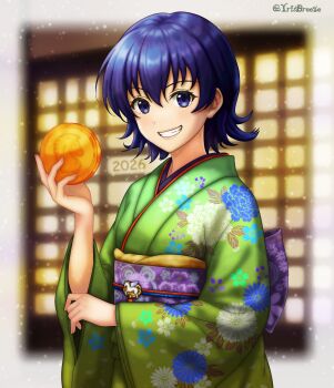 1girl absurdres alternate_costume blue_eyes blue_hair coin commentary dinjo english_commentary farina_(fire_emblem) fire_emblem fire_emblem:_the_blazing_blade floral_print flower grin highres japanese_clothes kimono looking_at_viewer naughty_face new_year nintendo smile solo yukata