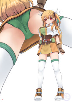 Rule 34 | 1girl, absurdres, alisa reinford, ass, blonde hair, commentary request, commission, eiyuu densetsu, fingerless gloves, gloves, green panties, hair ornament, highres, long hair, mtu virus, multiple views, nao suke, panties, red eyes, sen no kiseki (series), sen no kiseki i, skeb commission, skirt, thighhighs, two side up, underwear, white thighhighs, wing hair ornament