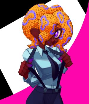 1girl black_necktie black_pants black_suspenders breasts cephalopod_eyes collared_shirt dark-skinned_female dark_skin hair_over_one_eye highres kirbybim long_sleeves necktie nintendo octoling orange_hair pants patterned_hair purple_eyes shirt solo splatoon_(series) splatoon_3 suspenders_pull tao_blu_(splatoon) tentacle_hair white_shirt