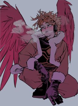 1boy backupnha black_boots black_gloves blonde_hair blush boku_no_hero_academia boots breath brown_eyes brown_pants facial_hair facial_mark feathered_wings floating_hair fur-trimmed_jacket fur-trimmed_sleeves fur_trim gloves grey_background hawks_(boku_no_hero_academia) headphones highres jacket kneeling looking_to_the_side male_focus open_clothes open_jacket pants parted_lips red_wings shirt sideways_glance simple_background solo wings