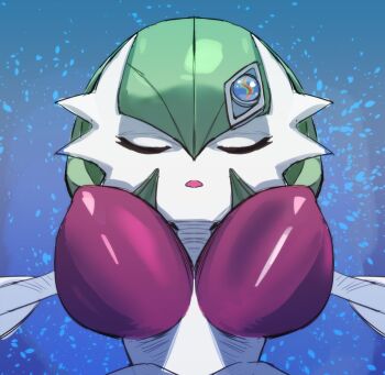 1girl 2025 abstract_background arms_at_sides blue_background bob_cut bow_(bhp) breasts closed_eyes colored_skin commentary covered_erect_nipples cropped_torso dress elbow_gloves female_focus gardevoir gen_3_pokemon gloves green_hair large_breasts mega_gardevoir mega_pokemon mega_stone nintendo open_mouth pokemon pokemon_(anime) pokemon_(creature) pokemon_focus poketoon red_eyes solo straight-on strapless strapless_dress white_dress white_skin