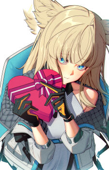 Rule 34 | 1girl, absurdres, animal ears, arknights, arknights: endfield, bare shoulders, bird ears, bird girl, blue eyes, box, box of chocolates, candy, chocolate, chocolate heart, coat, commentary request, food, gloves, grey hair, heart, heart-shaped food, highres, holding, holding chocolate, holding food, kimo suna, long hair, long sidelocks, looking at viewer, multicolored gloves, off shoulder, perlica (arknights), sidelocks, simple background, solo, two-tone gloves, upper body, valentine, white background, white coat
